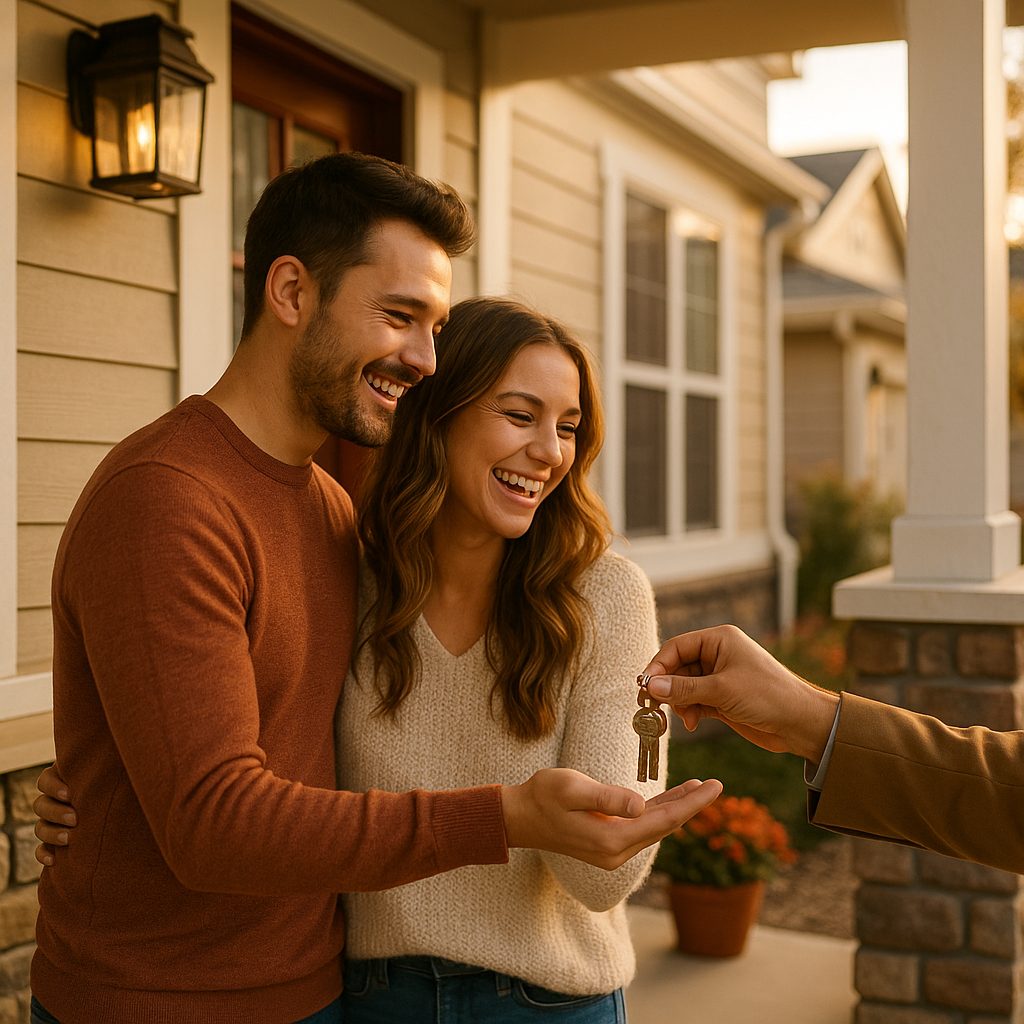 Happy couple receiving the keys to their new home